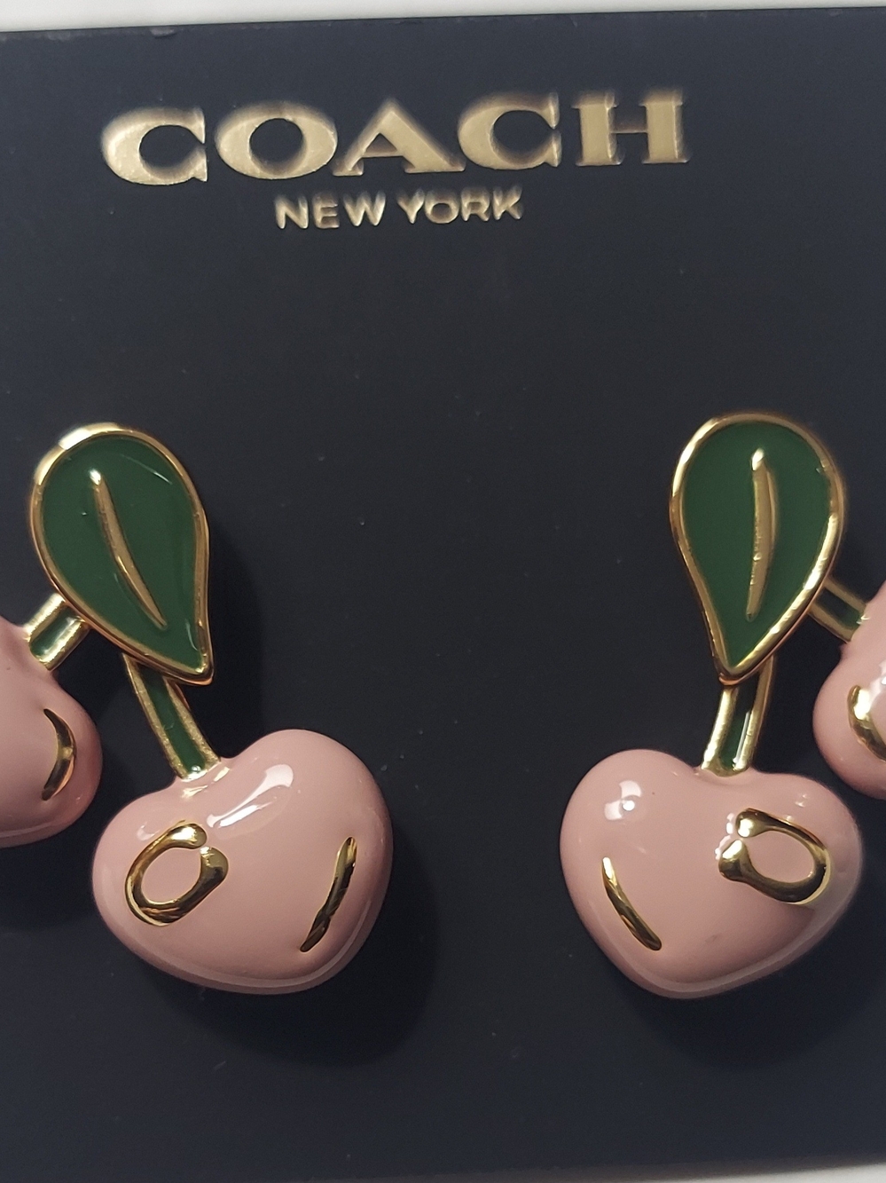 COACH Pink Cherry Drop Earrings with Green Leaves